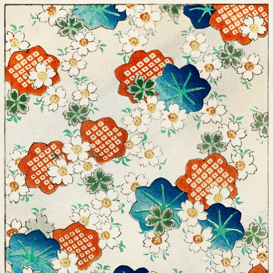 Repeating floral wallpaper with white daisies, orange patterned flowers, and blue-green leaves on cream background