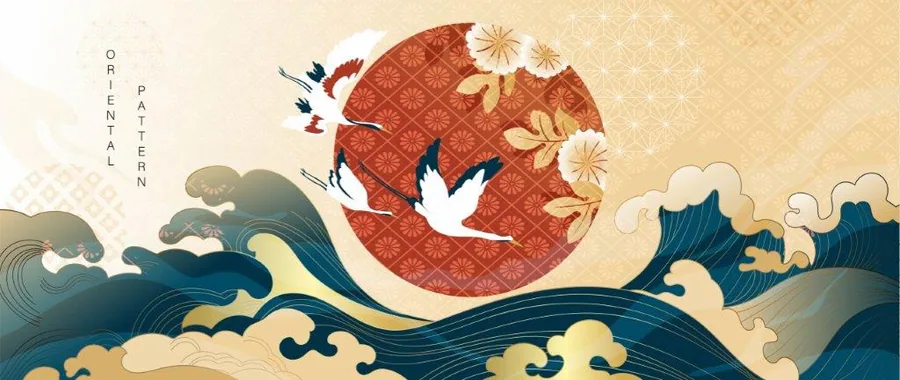 Oriental wallpaper with white cranes flying around a red sun, traditional waves and clouds in rust, cream and navy tones