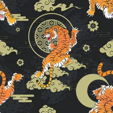 Repeating pattern of orange and white tigers floating among cream clouds and gold circular medallions on a dark patterned background.
