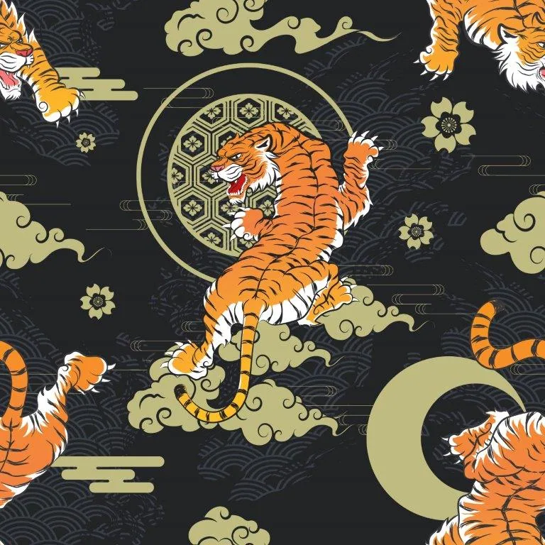 Repeating pattern of orange and white tigers floating among cream clouds and gold circular medallions on a dark patterned background.