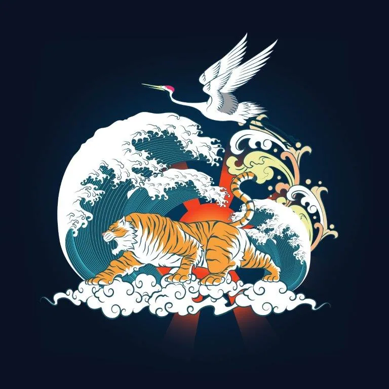 Stylized tiger on clouds with ocean waves, white crane, and ornamental scrollwork on dark blue background