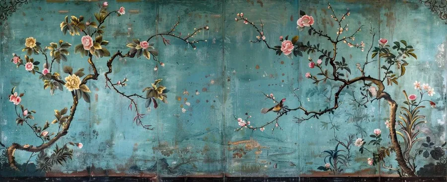 Vintage-style mural with pink and yellow flowers on gnarled branches against faded turquoise background