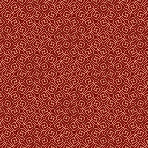 Repeating pattern of concentric circles in terracotta and cream arranged in a geometric tessellation.
