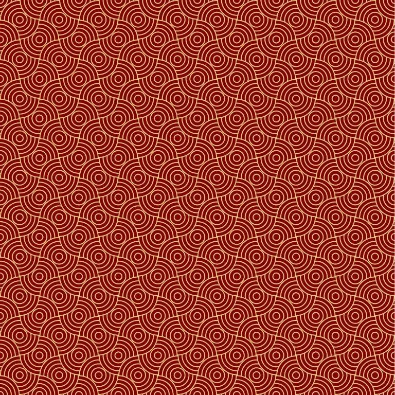 Repeating pattern of concentric circles in terracotta and cream arranged in a geometric tessellation.