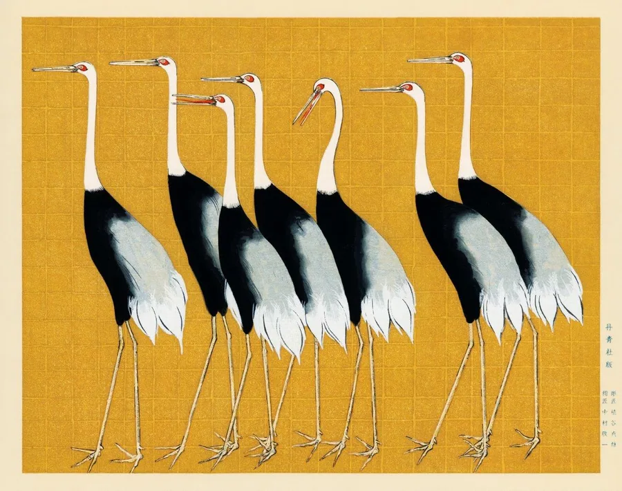 Six stylized cranes with white heads and black bodies standing in a row on golden yellow background.
