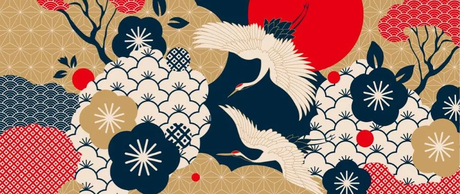 Japanese-style wallpaper with white cranes, navy and gold flowers, and geometric patterns on beige background
