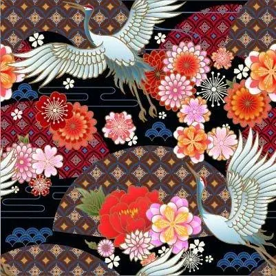 Repeating pattern of white cranes with colorful flowers and geometric motifs on black and brown background