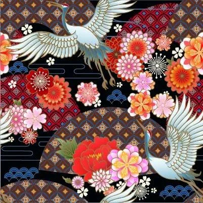 Repeating pattern of white cranes with colorful flowers and geometric motifs on black and brown background