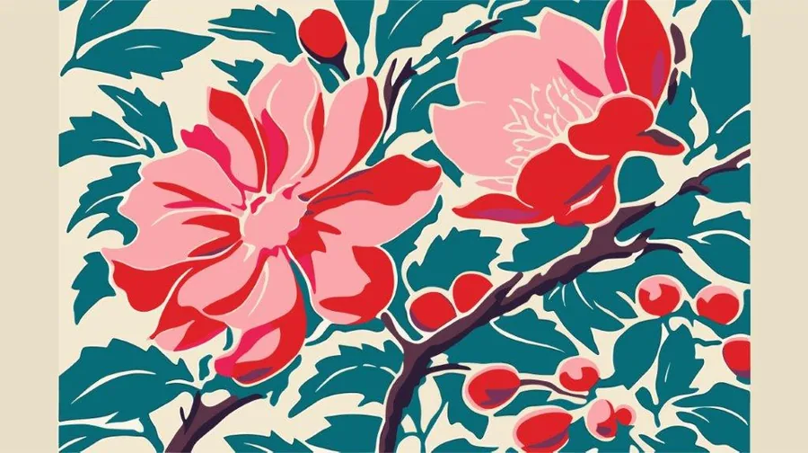 Red peonies and berries on dark teal branches with cream background in botanical wallpaper pattern.