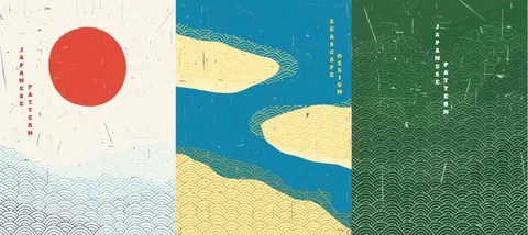 Japanese-style wallpaper with large red sun and horizontal wave patterns in cream, blue, and green tones.
