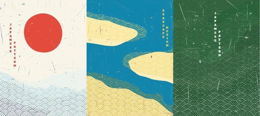 Japanese-style wallpaper with large red sun and horizontal wave patterns in cream, blue, and green tones.