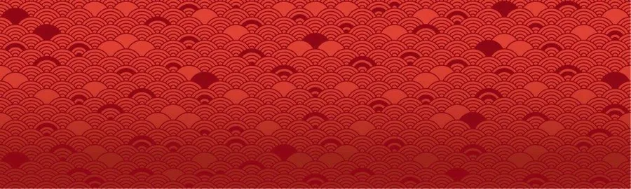 Repeating pattern of crimson and deep red overlapping scallop or wave shapes creating textured Oriental design