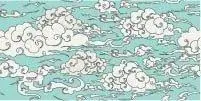 Repeating pattern of white sketched clouds on a turquoise background in a minimalist Oriental style.