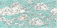 Repeating pattern of white sketched clouds on a turquoise background in a minimalist Oriental style.