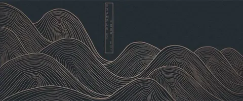Abstract flowing wave pattern with golden line art on dark blue background, creating layered mountain-like forms
