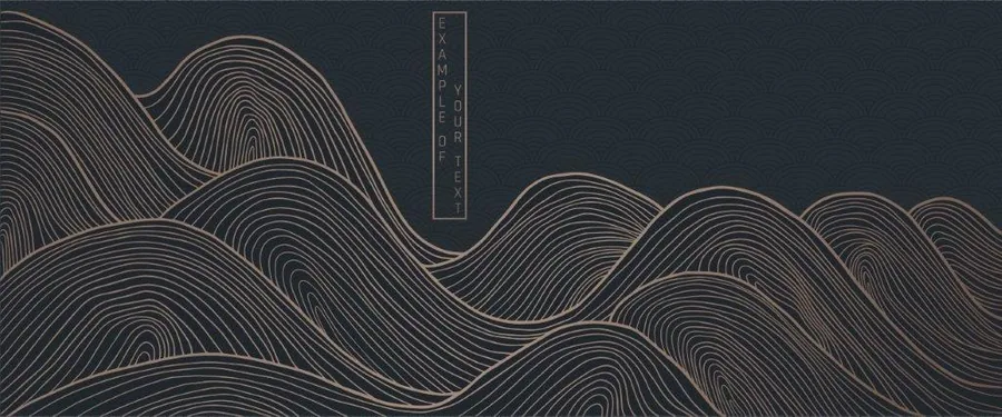 Abstract flowing wave pattern with golden line art on dark blue background, creating layered mountain-like forms