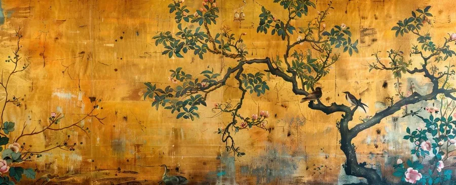 Artistic tree branches with green leaves on distressed golden-orange background with blue accents