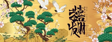 Oriental mural with white cranes, green bonsai trees, and pink cherry blossoms on golden yellow background