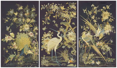 Gold and cream birds with flowering trees on dark background, three-panel Oriental mural design