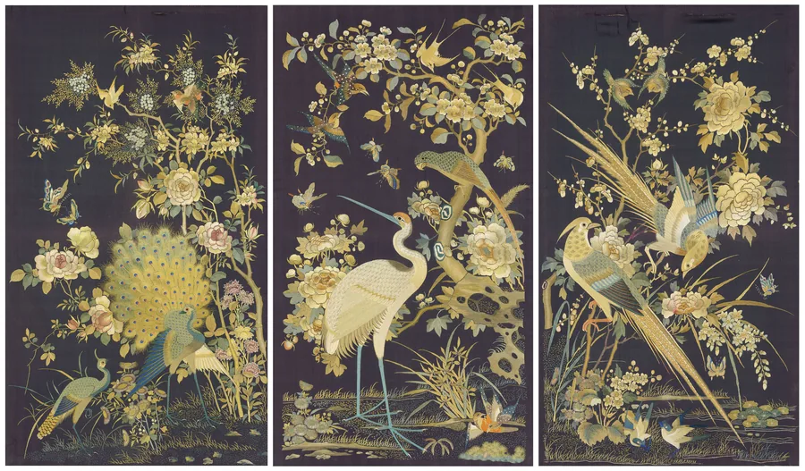 Gold and cream birds with flowering trees on dark background, three-panel Oriental mural design