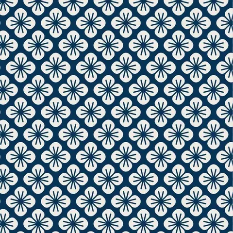Navy and cream repeating floral pattern with geometric daisy-like blooms on dark blue background