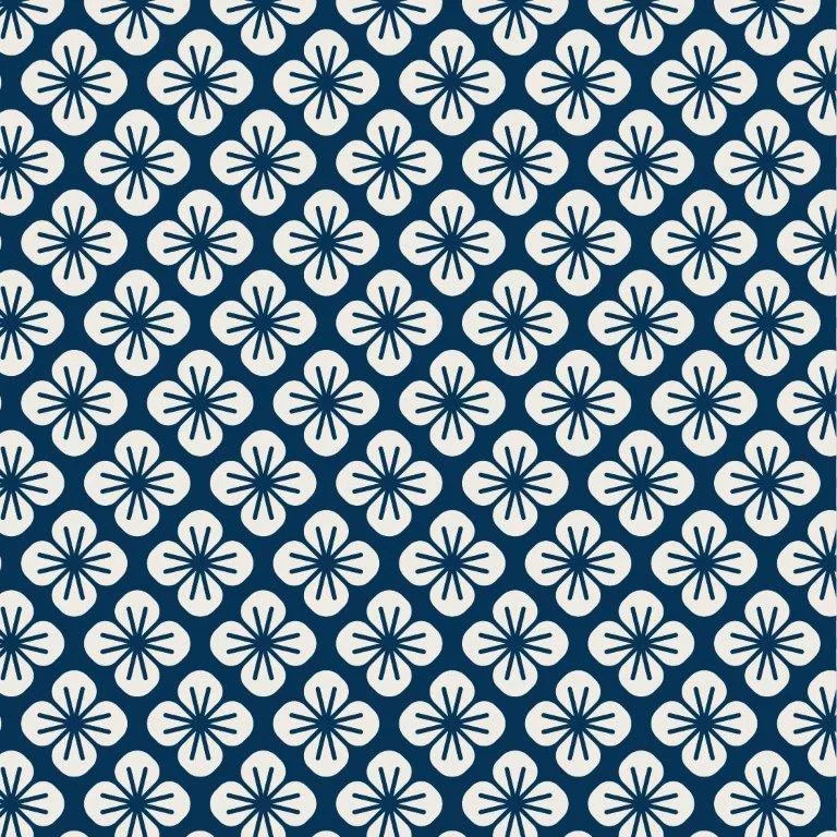 Navy and cream repeating floral pattern with geometric daisy-like blooms on dark blue background