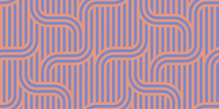 Repeating pattern of orange and indigo vertical stripes with flowing curved wave design