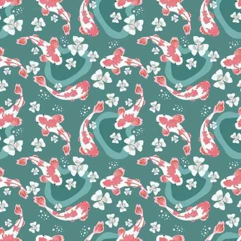 Red and white koi fish with white flowers on a teal green background with flowing water patterns.