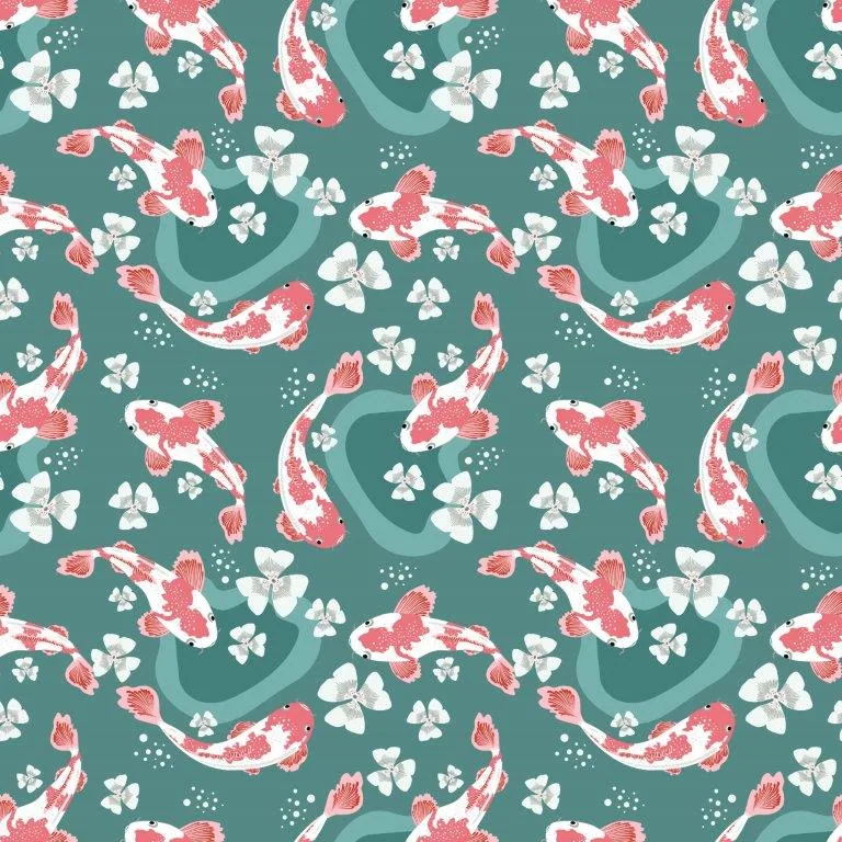Red and white koi fish with white flowers on a teal green background with flowing water patterns.