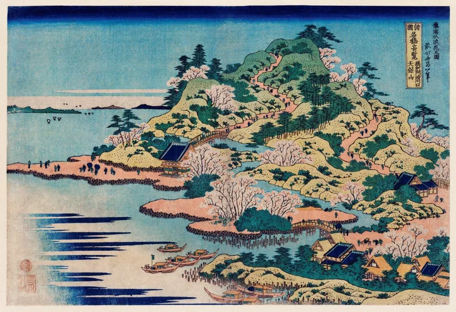 Traditional Japanese landscape with cherry blossoms, pagoda, boats, and mountain scenery in blue and cream tones.