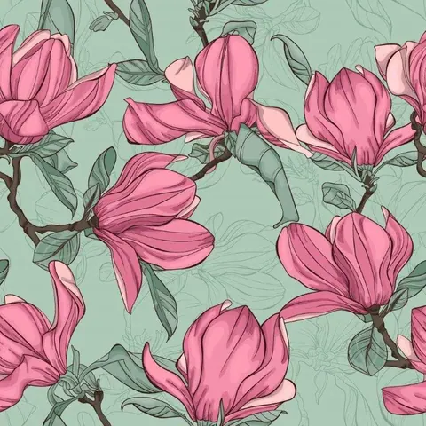 Pink magnolia flowers with detailed petals on sage green background, botanical line art pattern
