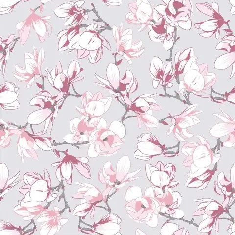 Repeating pattern of pink and white magnolia blossoms on gray branches against a lavender background.