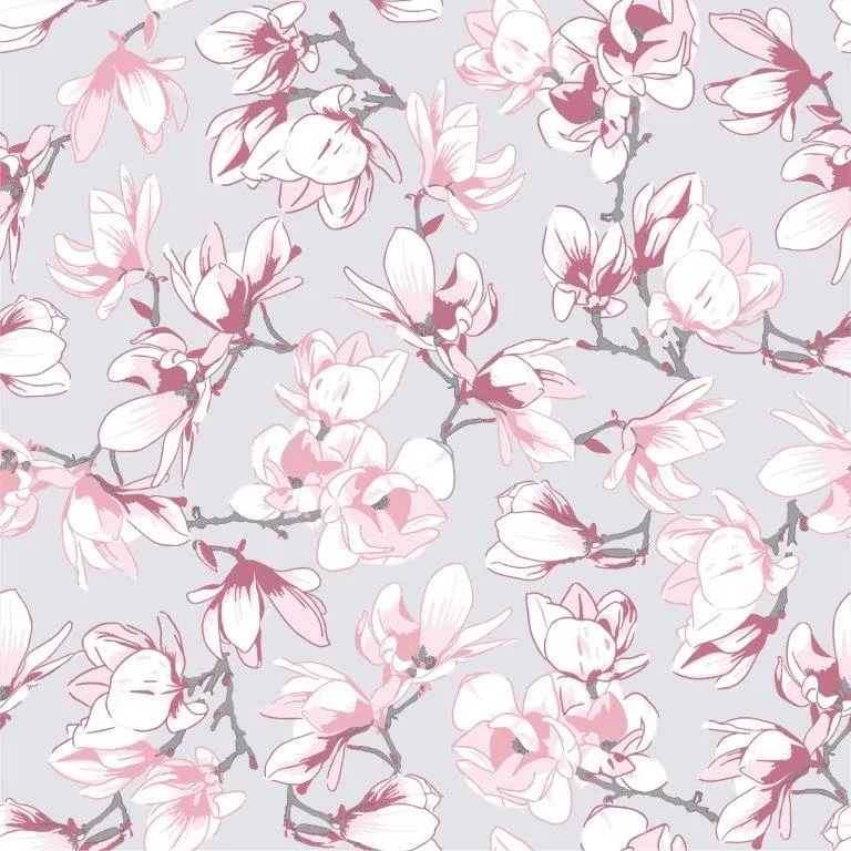 Repeating pattern of pink and white magnolia blossoms on gray branches against a lavender background.