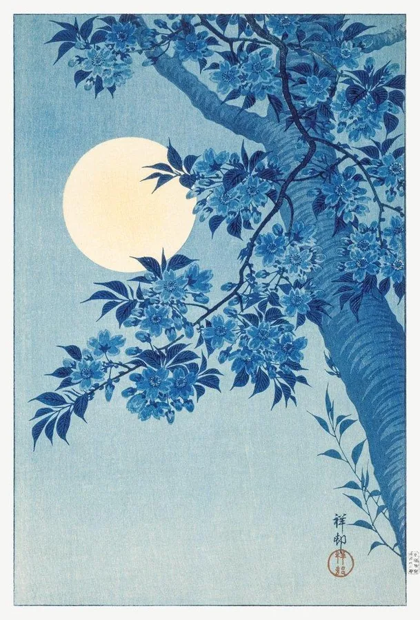 Blue botanical branches with small flowers framing a cream full moon against a pale blue background in Japanese woodblock style.