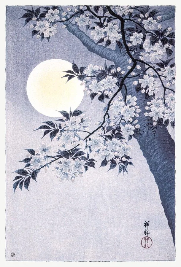 Japanese-style artwork with white flowering branches and full moon against soft purple-grey background