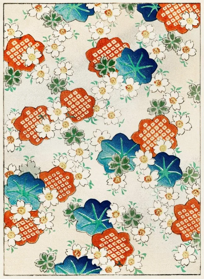 Repeating floral wallpaper with red and blue morning glories, white daisies, and green leaves on cream background