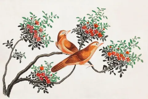 Two brown songbirds on curved branches with red berry clusters and green leaves in traditional Oriental style.