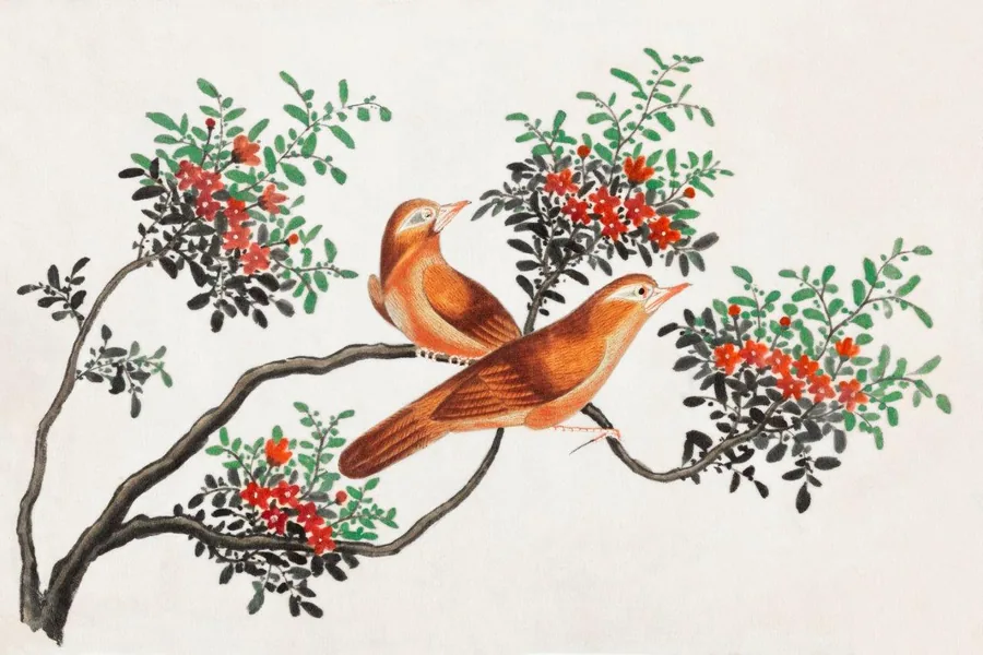 Two brown songbirds on curved branches with red berry clusters and green leaves in traditional Oriental style.