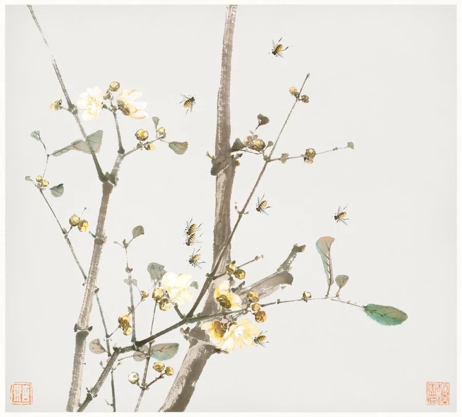Watercolor illustration of flowering branches with bees and butterflies on cream background