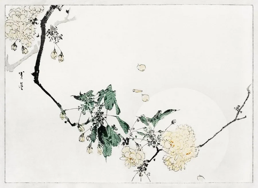 Minimalist ink-style botanical mural with drooping branches, green foliage, and cream flowers on light background.