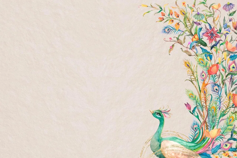Watercolor peacock with ornate tail flowing into vibrant garden flowers and botanical elements on cream background.