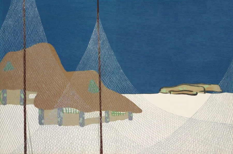Minimalist illustration of brown wooden chalets with peaked roofs in a snowy alpine valley under deep blue sky