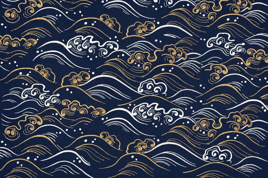 Repeating pattern of decorative waves and cloud motifs in gold and white on navy blue background