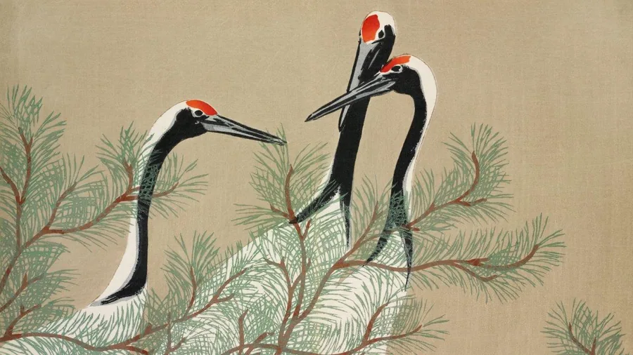 Two red-crowned cranes with long necks stand among feathery green pine branches on a beige background