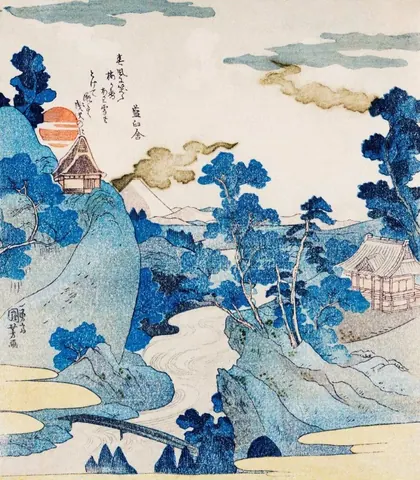 Traditional Japanese landscape with blue mountains, temples, and waterways in soft blue and cream tones.