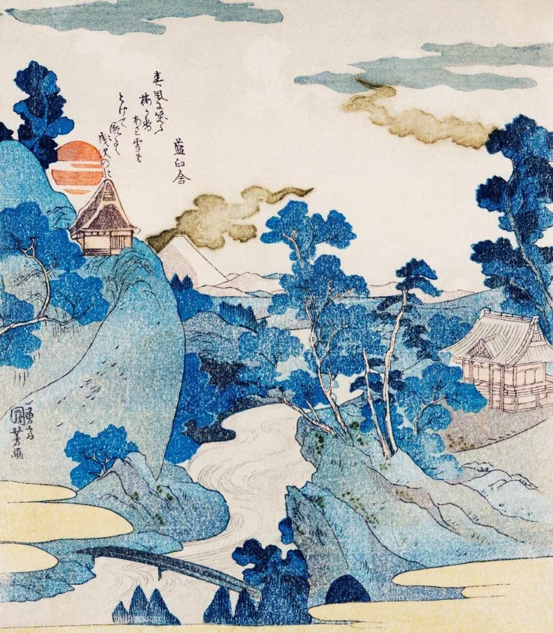 Traditional Japanese landscape with blue mountains, temples, and waterways in soft blue and cream tones.