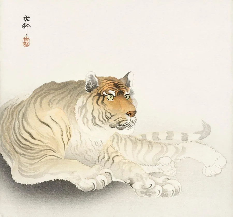 Illustration of a resting tiger with orange and white stripes, rendered in traditional East Asian style with calligraphic seal mark.