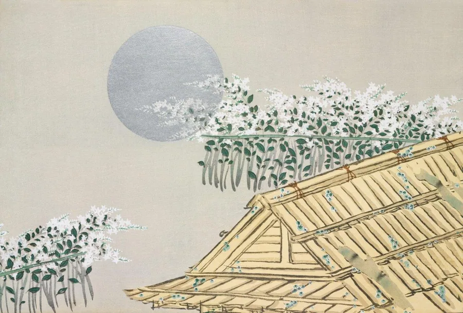 Japanese-style illustration of white flowering plants with green foliage above geometric wooden roof beams under a pale moon