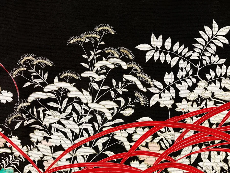 White botanical illustration with small clustered flowers and compound leaves on black background, red curved lines crossing through design