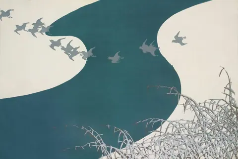 Teal and cream wallpaper with flying birds silhouettes and moon phases, frost-touched grasses below.